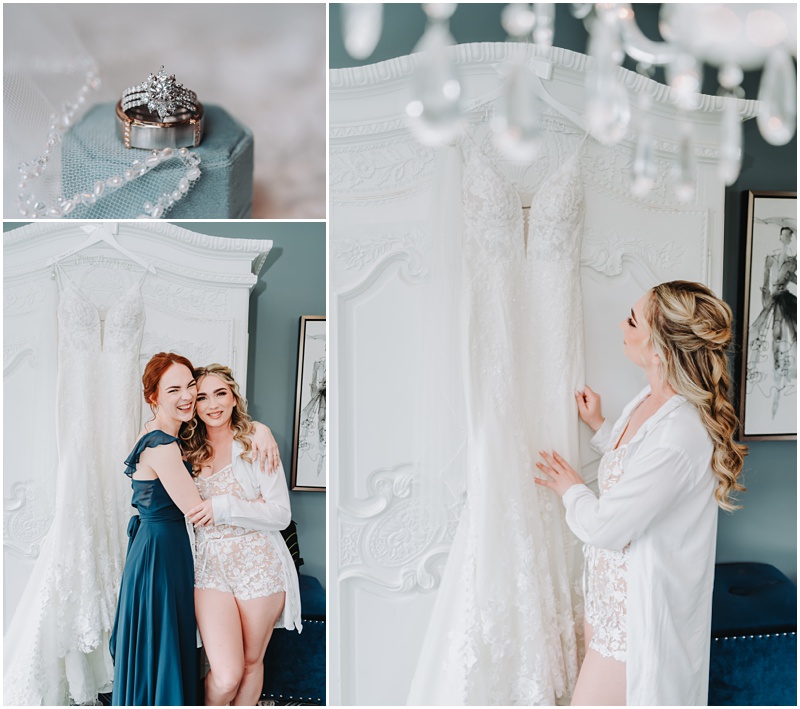 Professional Wedding Photo by Bokeh Love Photography, the bradford estate, bride looking at dress, posing for photo with sister, ring photo, ring shot, macro photography of wedding rings