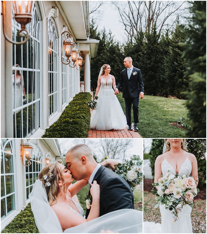 Professional Wedding Photo by Bokeh Love Photography, The Bradford Estate, bride and groom portraits, outside, beautiful greenery, romantic lanterns on building with amber glow