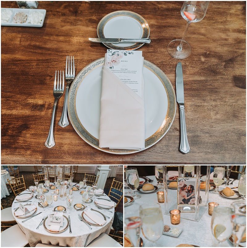 Professional Wedding Photo by Bokeh Love Photography, The Bradford Estate, Ceremony, place setting at wedding reception, brown rustic table, white china with gold decorative edging and a very delicate pretty ambiance