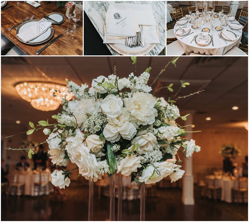 Professional Wedding Photo by Bokeh Love Photography, The Bradford Estate, spring wedding, details inside reception room, white roses and peonies, very pretty with chandelier in background