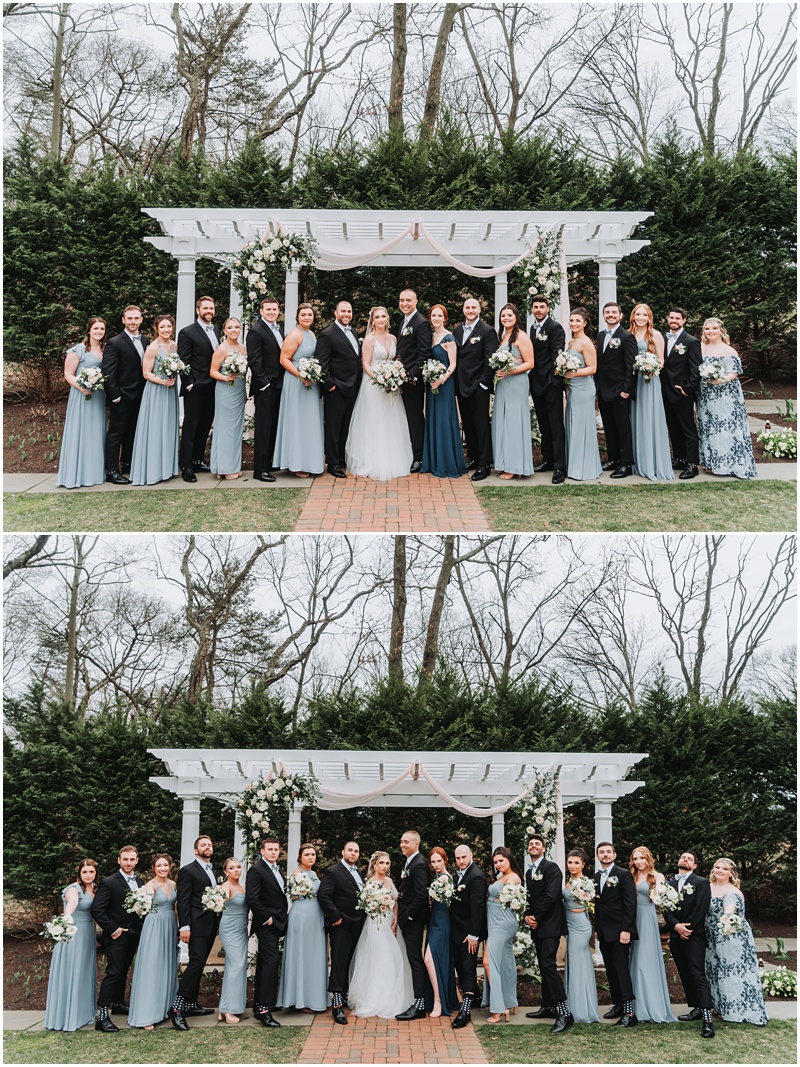 Professional Wedding Photo by Bokeh Love Photography, A Springtime Wedding at The Bradford Estate, entire bridal party wearing black suits and light blue dresses, absolutely stunning springtime day at the bradford estate