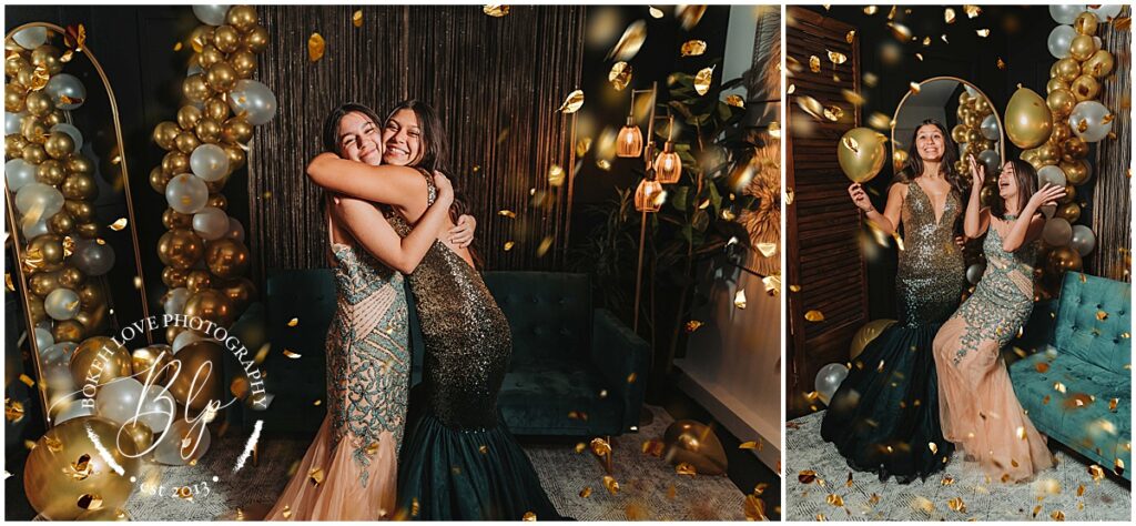 image by bokeh love photography, best friends celebrating new years eve on a green couch, dressed in elegant prom dresses throwing balloons and confetti