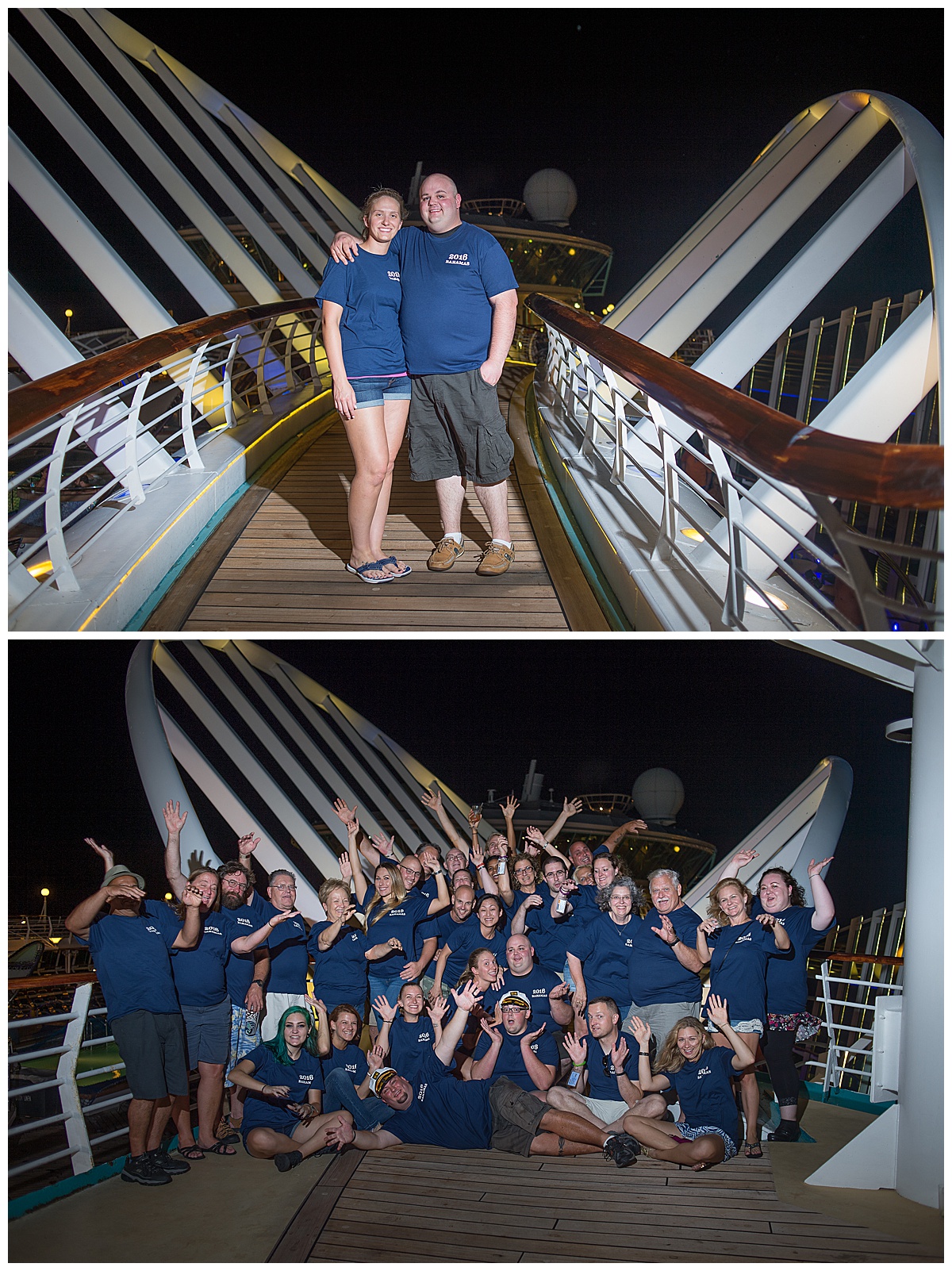 Group photo of wedding guests on a cruise ship for a destination wedding, Destination wedding photography by Bokeh Love Photography