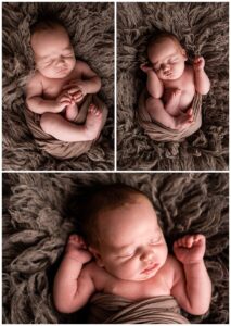 Newborn Session with Family Portraits before session. Beautiful baby boy in a brown wrap, Photographs by Bokeh Love Photography.