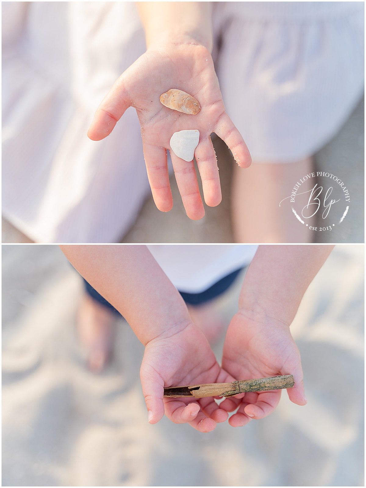 Bokeh Love Photography, little kid hands holding seashells