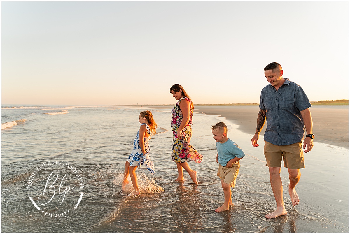 Bokeh Love Photography, Family portraits on the beach in avalon, bright colorful outfits, mom dad and two kids, splashing in the ocean