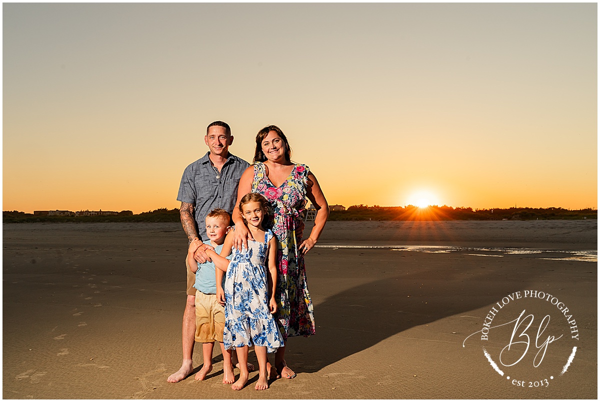 Bokeh Love Photography, Family portraits on the beach in avalon, bright colorful outfits, mom dad and two kids, sunset