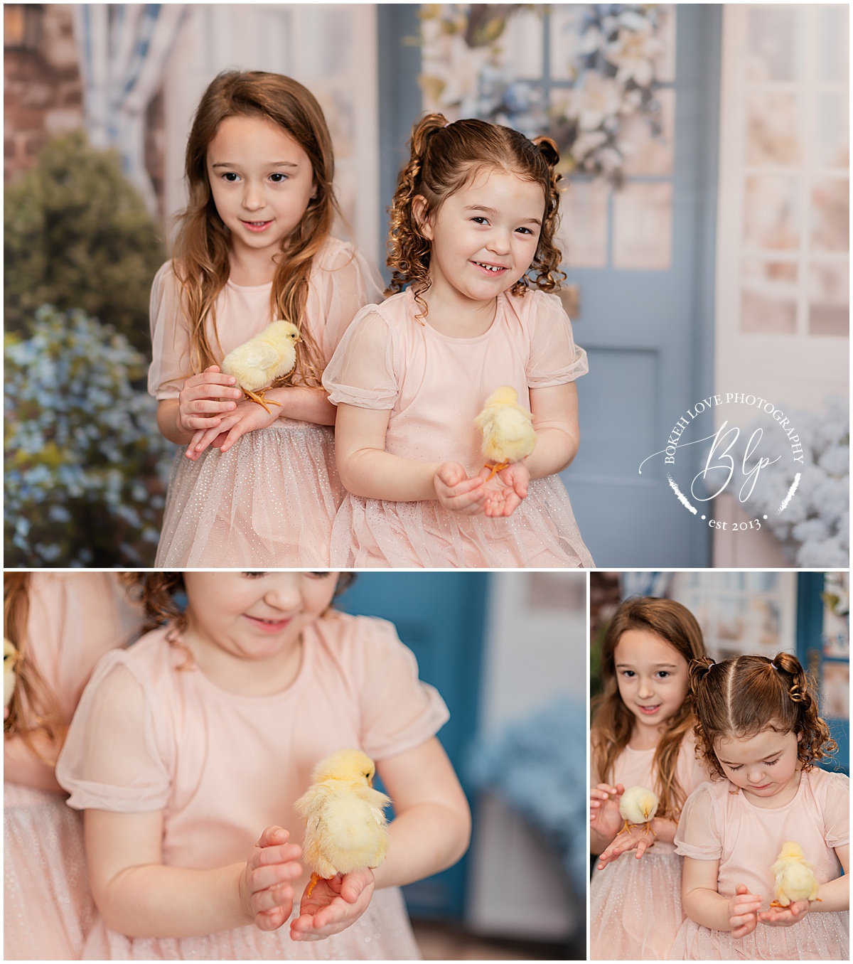 Girls wearing pale pink dresss are posing for pictures at Bokeh Love Photography's studio in Galloway, NJ and are holding baby yellow chicks. 