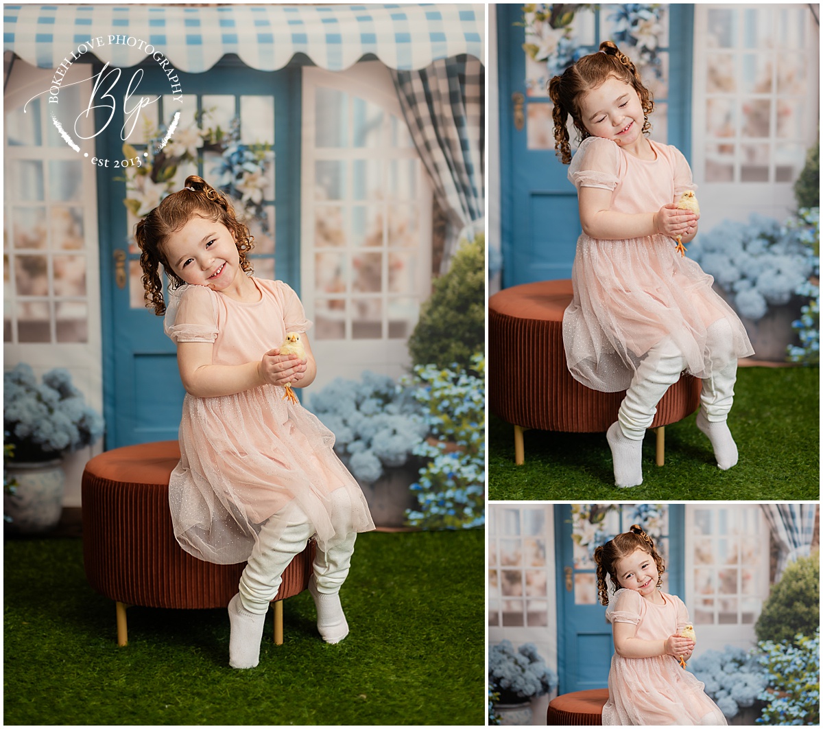 Spring Minis in Galloway, Girl wearing pale pink dress posing for photo at Bokeh Love Photography's studio in Galloway, NJ and holding yellow baby chick.