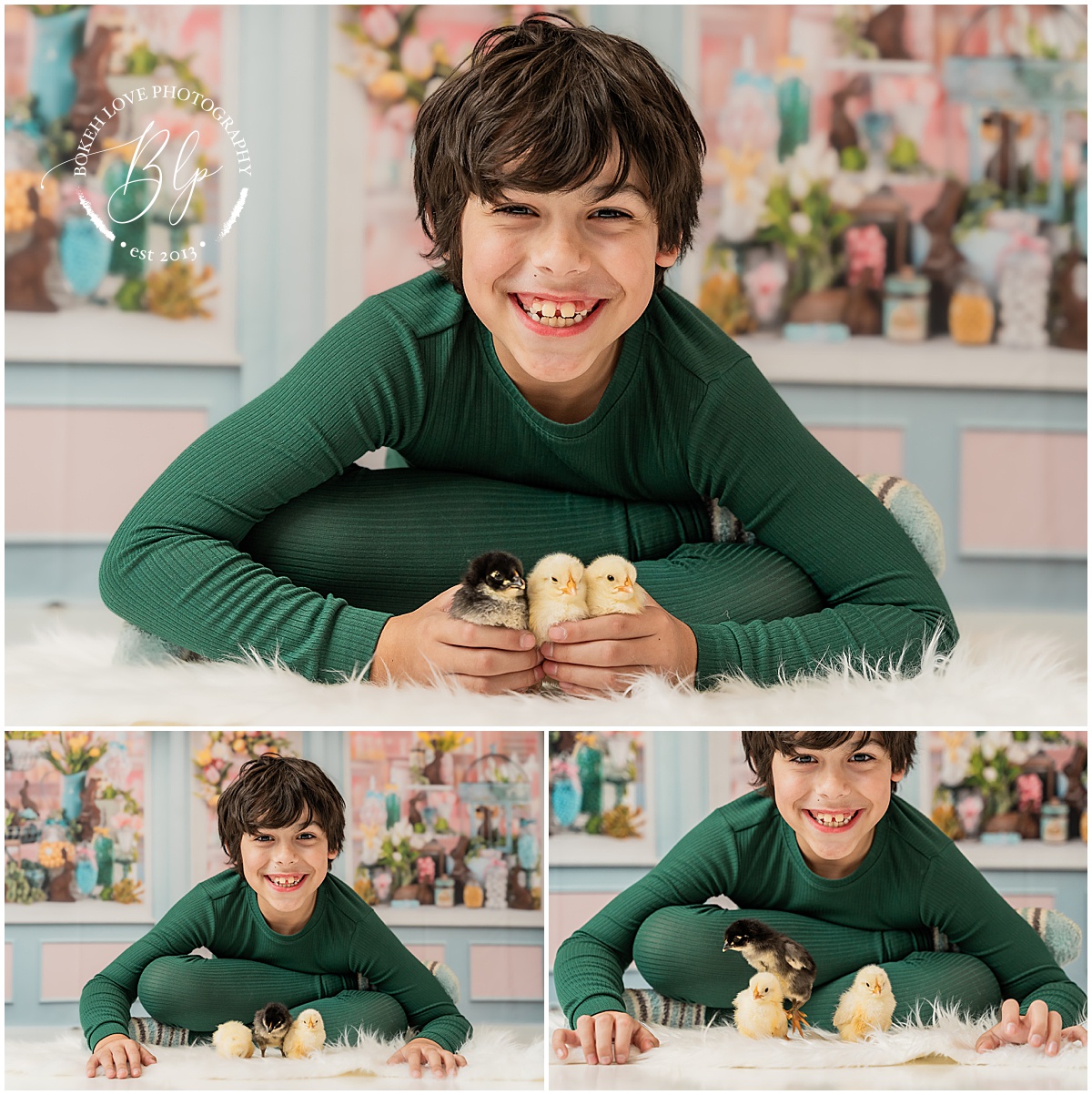 Boy wearing green pajamas smiling at professional portrait session with baby chicks