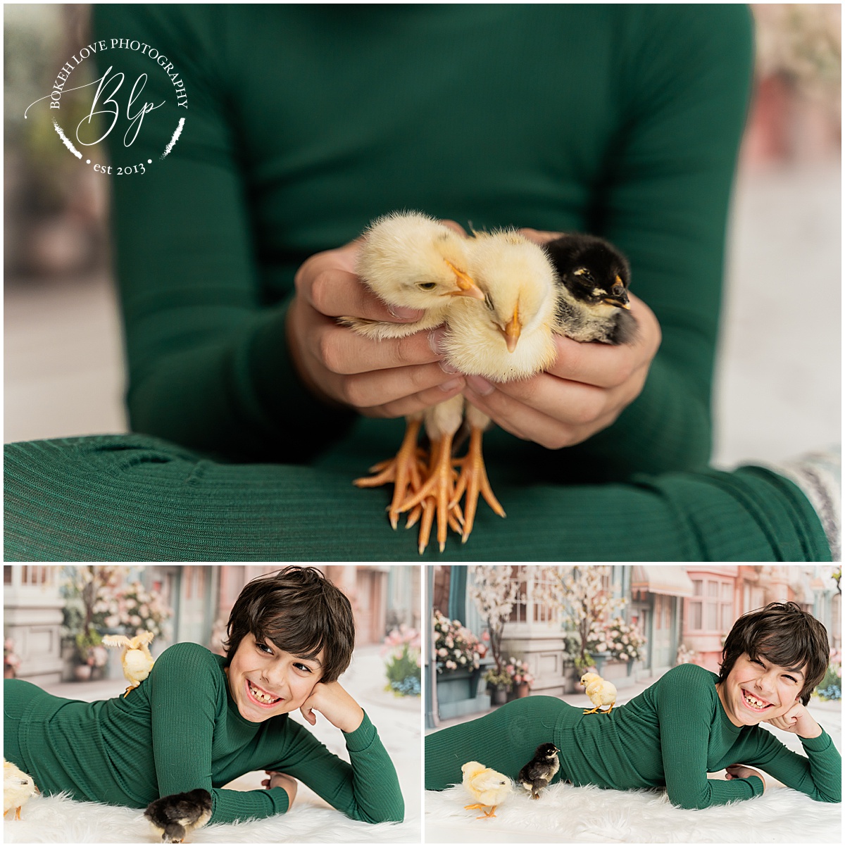 Boy wearing green pajamas smiling at professional portrait session with baby chicks