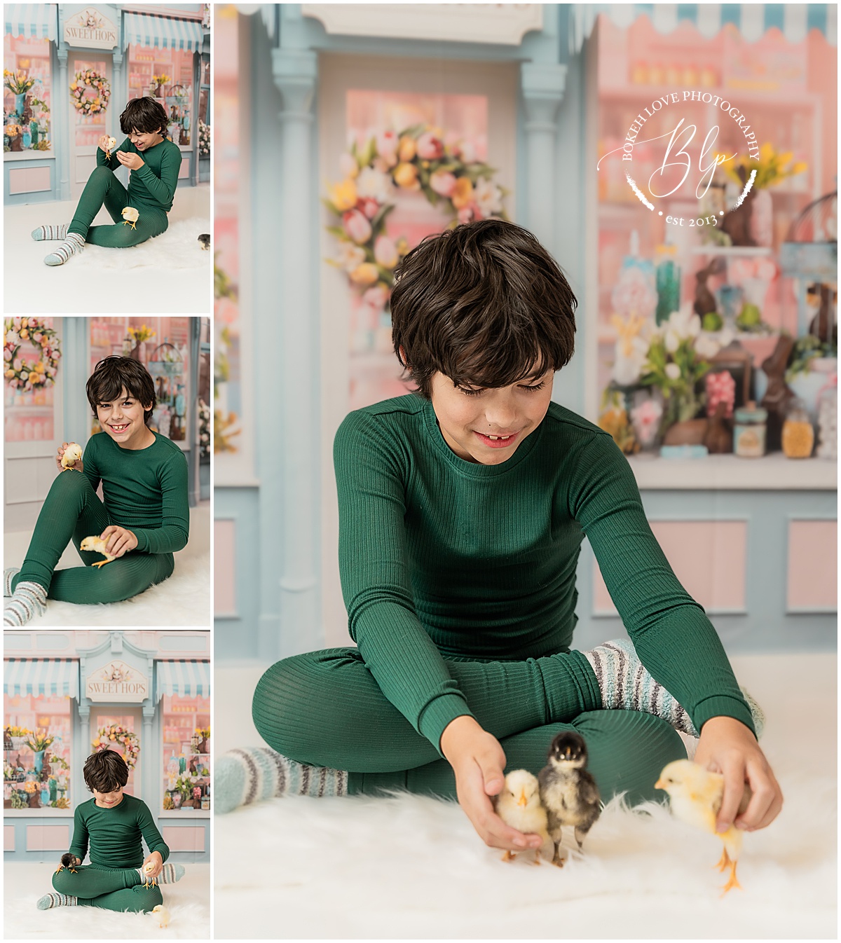 Boy wearing green pajamas laughing at professional portrait session with baby chicks