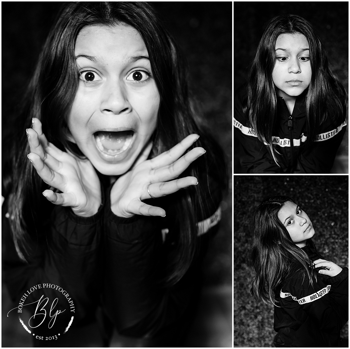 black and white personality portrtaits of a child, little legend portraits by bokeh love photography, child laughing, being serious, being silly, making different facial expressions