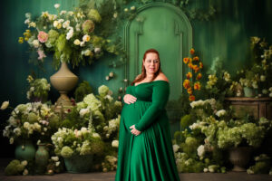 Expecting mother standing under a digital floral arch backdrop with greenery and flowers, captured during a studio maternity session in South Jersey.